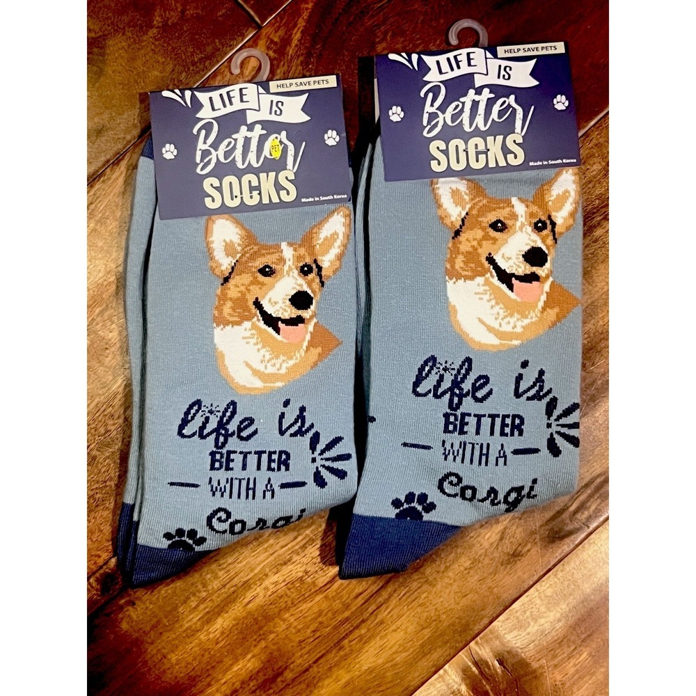 E&S Pets Welsh Corgi Crew Socks NWT One Size Blue Life Is Better With A Corgi